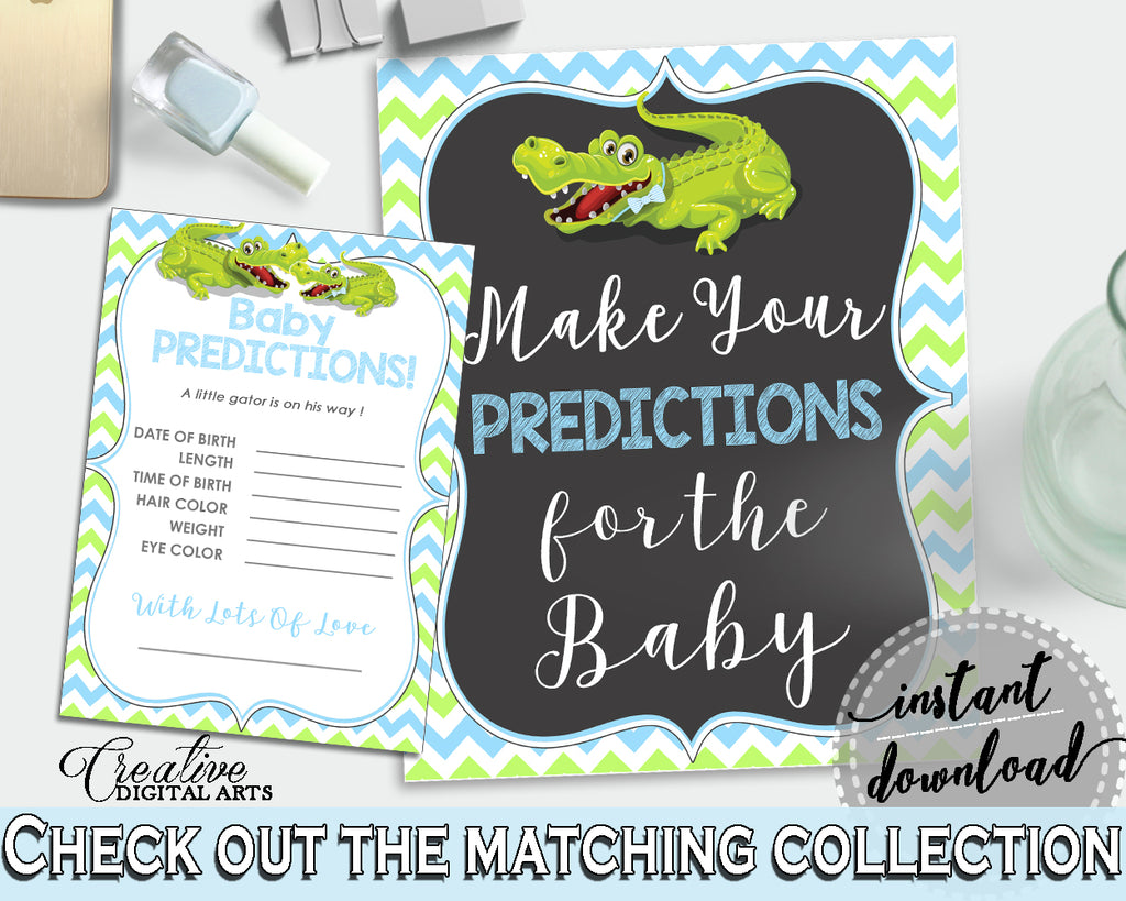 Baby PREDICTIONS sign and cards activity printable for baby shower with green alligator and blue color theme, instant download - ap002