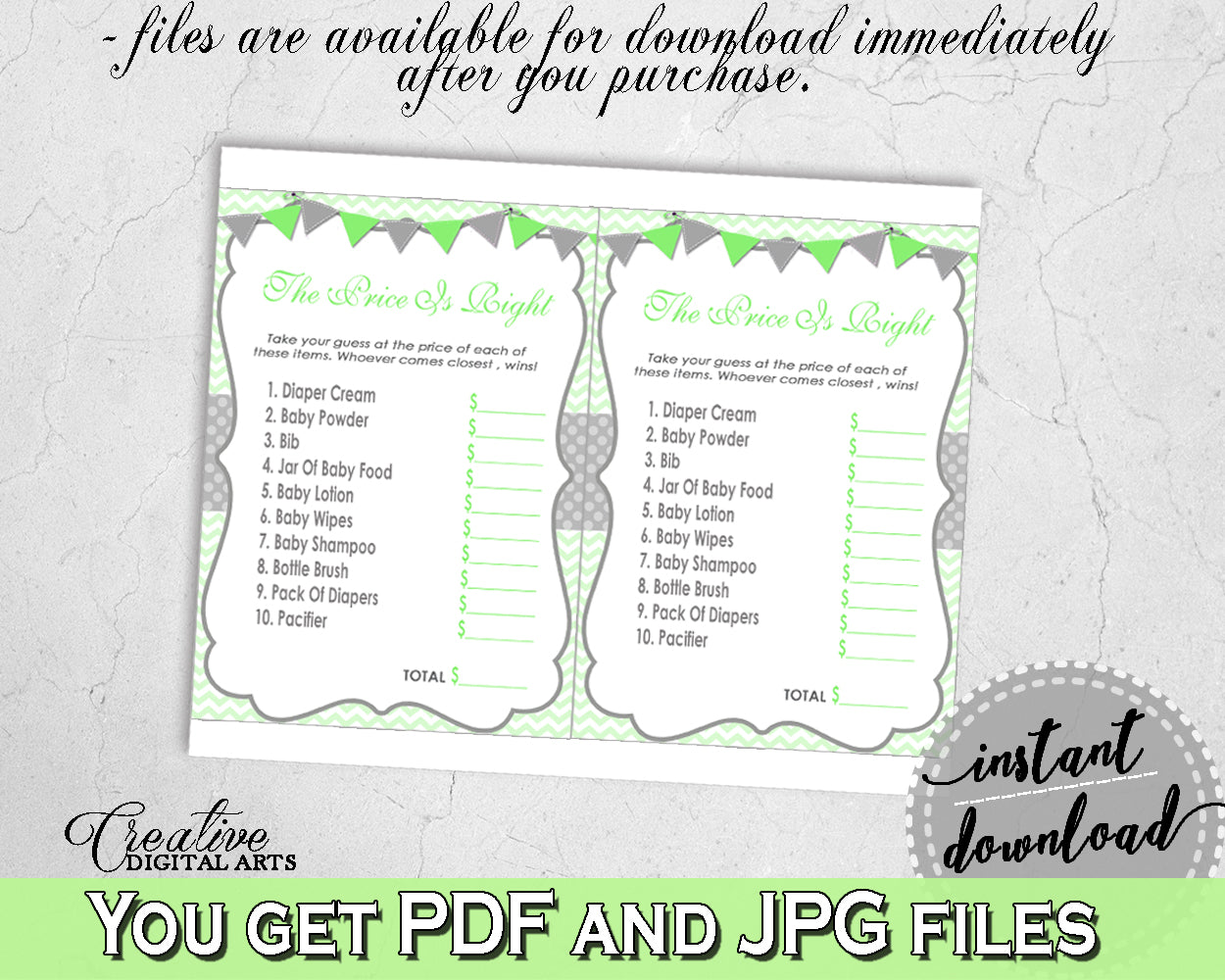 Baby Shower The PRICE IS RIGHT game with chevron green color theme printable, digital files Jpg Pdf, instant download - cgr01