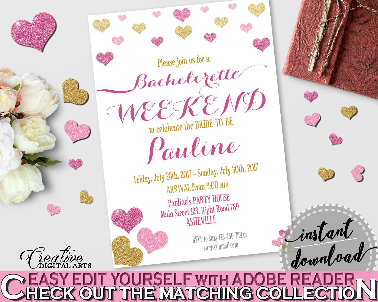 Bachelorette Weekend Invitation Editable in Glitter Hearts Bridal Shower Gold And Pink Theme, bash weekend,  valentine shower,  - WEE0X - Digital Product