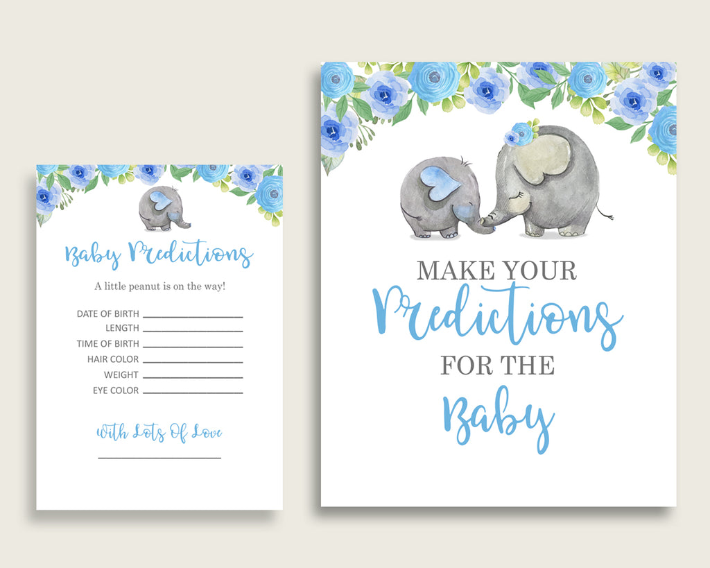Elephant Blue Baby Shower Prediction Cards & Sign Printable, Blue Gray Baby Prediction Game Boy, Instant Download, Africa or Jungle ebl01