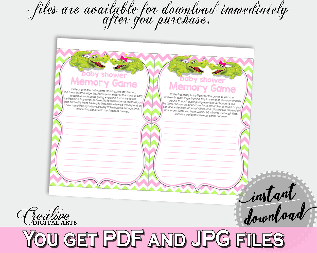 Baby Shower MEMORY game with green alligator and pink color theme, instant download - ap001
