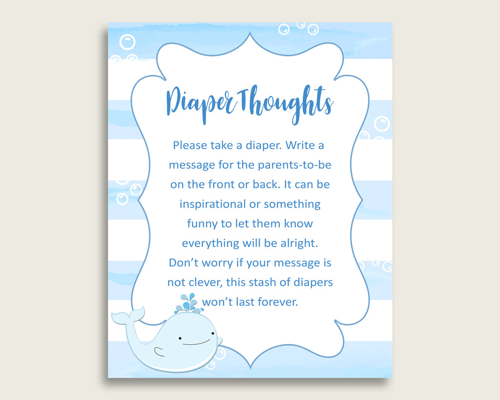 Whale Baby Shower Diaper Thoughts Printable, Boy Blue White Late Night Diaper Sign, Words For Wee Hours, Write On Diaper Message, Sign wbl01