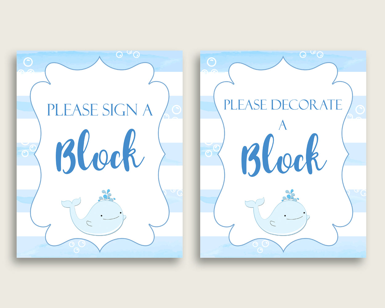 Blue White Please Sign A Block Sign and Decoarate A Block Sign Printables, Whale Boy Baby Shower Decor, Instant Download, Light Blue, wbl01