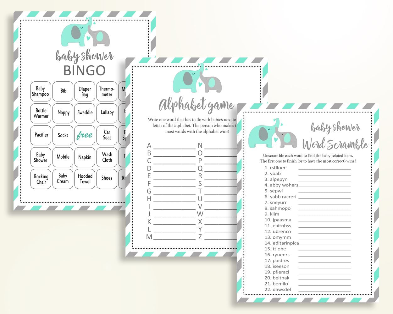 Games Baby Shower Games Turquoise Baby Shower Games Baby Shower Elephant Games Green Gray party plan digital download party stuff 5DMNH - Digital Product