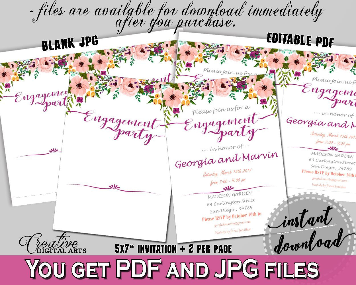 Watercolor Flowers Bridal Shower Engagement Party Invitation Editable in White And Pink, diy invitation, party decor, party theme - 9GOY4 - Digital Product