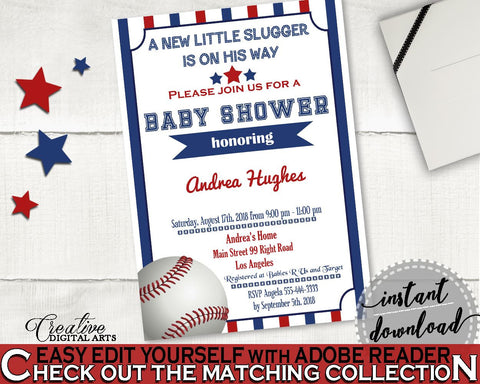 Invitation Baby Shower Invitation Baseball Baby Shower Invitation Baby Shower Baseball Invitation Blue Red customizable files, pdf YKN4H - Digital Product