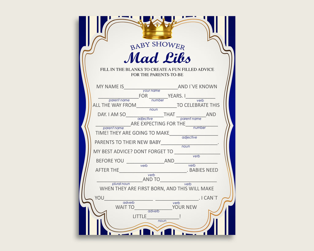 Blue Gold Mad Libs Baby Shower Boy Game Printable, Royal Prince Mad Libs Fun Activity, DIY digital file, Prince Theme Navy Royal Blue rp001