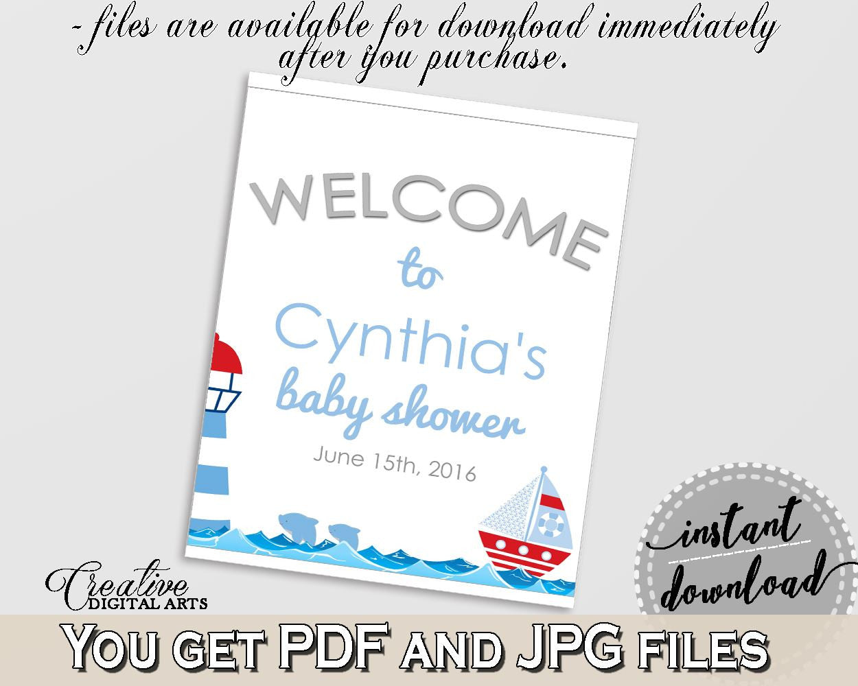 Welcome Sign Baby Shower Welcome Sign Nautical Baby Shower Welcome Sign Baby Shower Nautical Welcome Sign Blue Red party supplies DHTQT - Digital Product