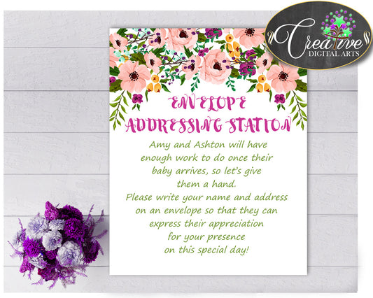 ENVELOPE ADDRESSING STATION baby shower girl sign watercolor flowers pink theme, digital file Jpg Pdf, instant download - flp01