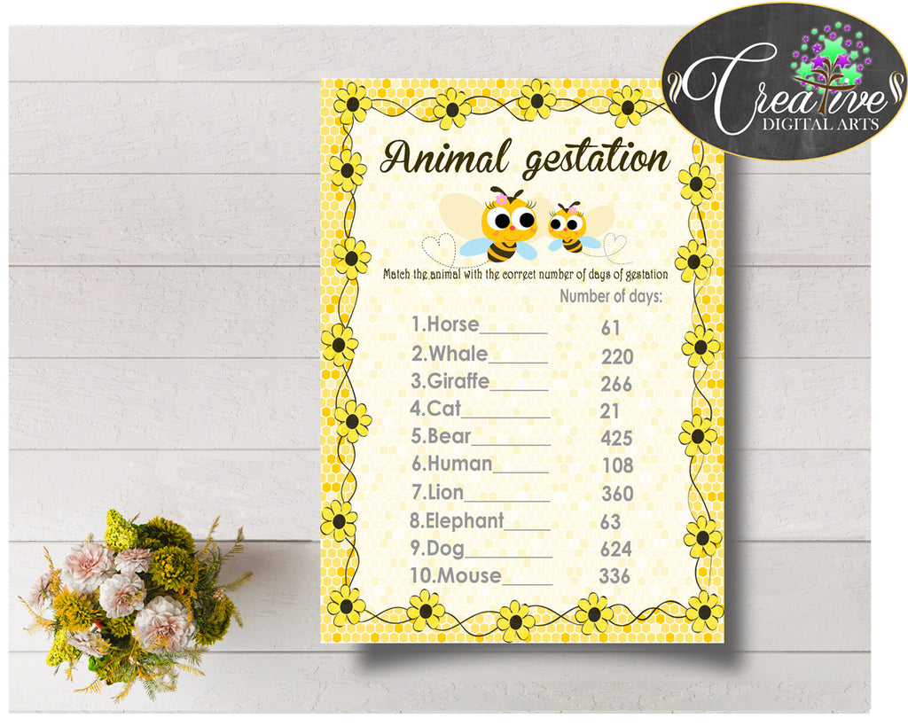 Baby Shower ANIMAL GESTATION game with yellow bees, digital files, instant download - bee01