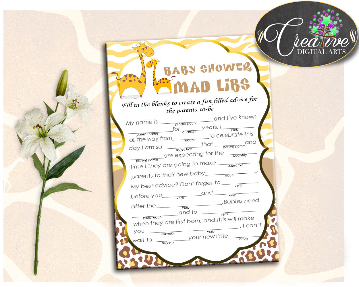 Giraffe Baby Shower MAD LIBS game printable, boy or girl baby shower game brown yellow, digital files, Jpg Pdf, instant download - sa001