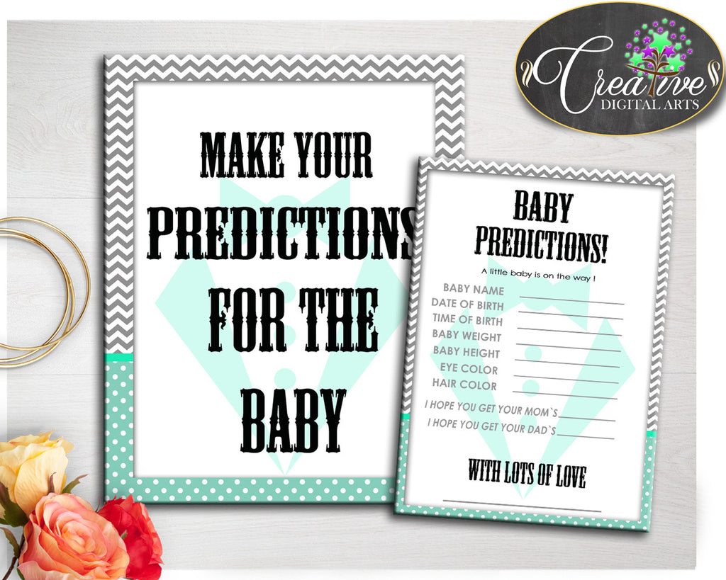 PREDICTIONS FOR BABY little man gentleman sign and cards activity printable for baby boy shower in mint green gray, instant download - lm001