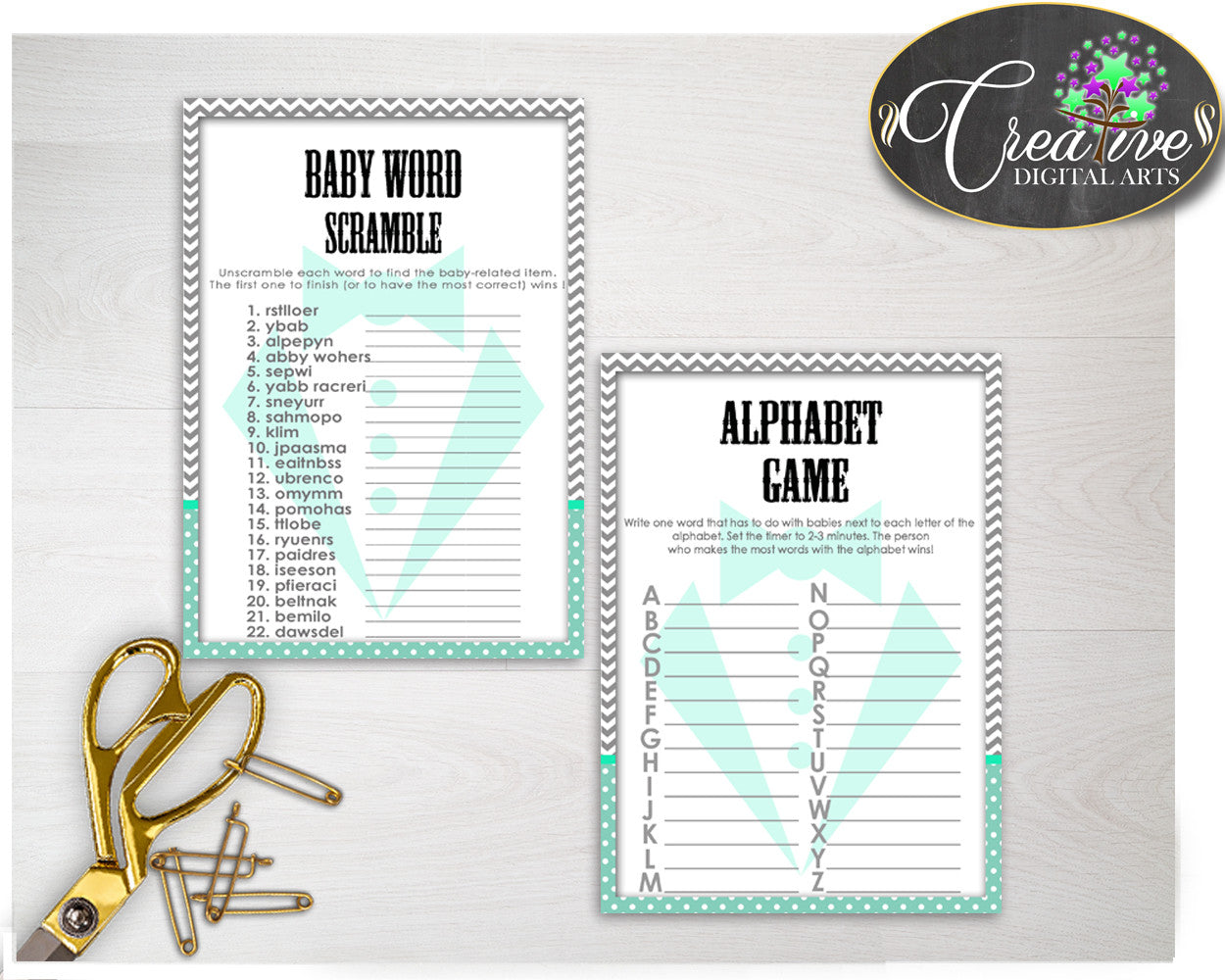 Baby Shower Little Man games gentleman package bundle printable with mint green gray color theme, 8 games pack - Instant Download - lm001