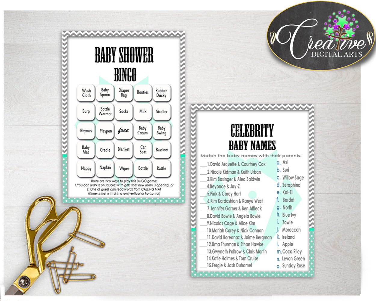 Baby Shower Little Man games gentleman package bundle printable with mint green gray color theme, 8 games pack - Instant Download - lm001
