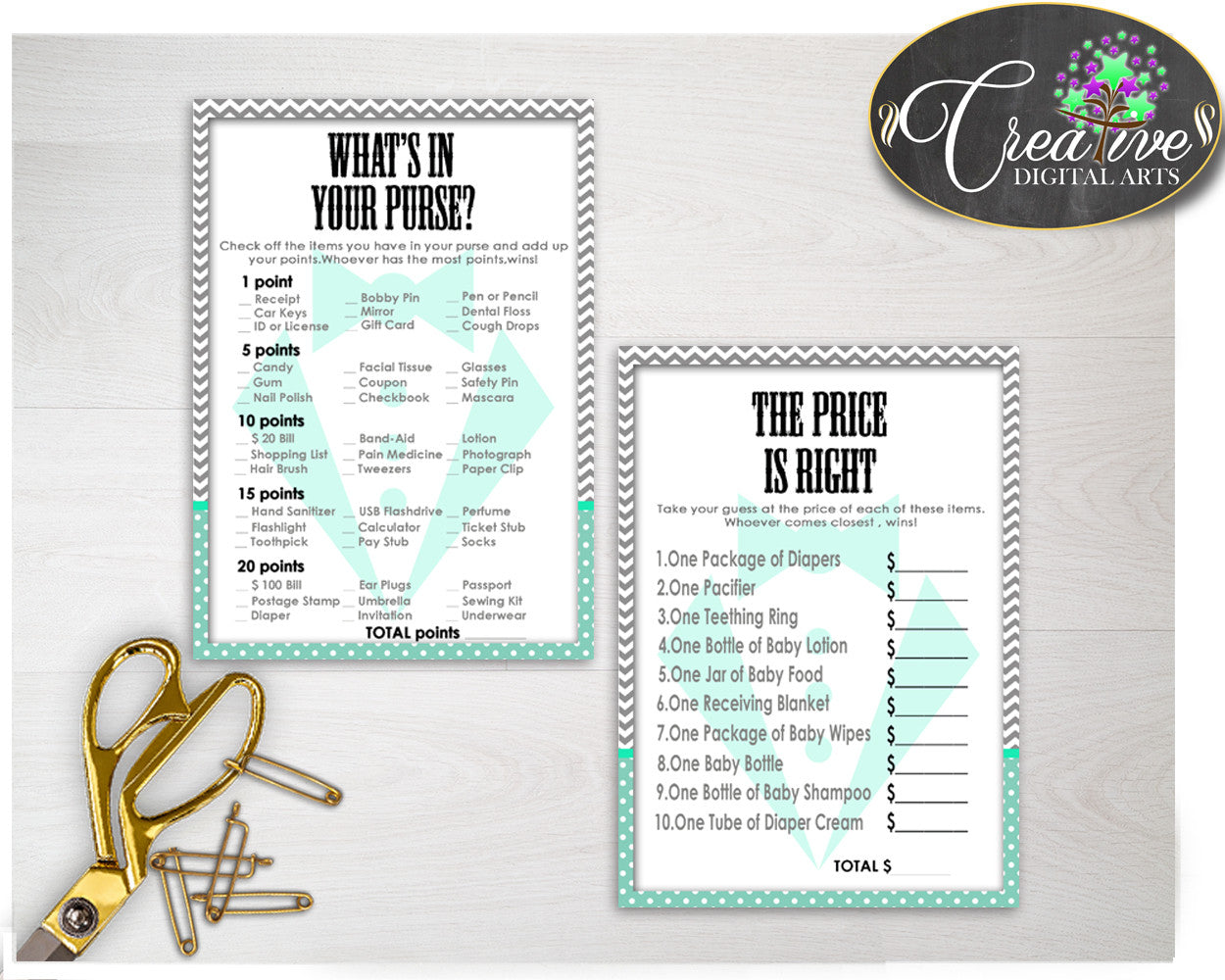 Baby Shower Little Man games gentleman package bundle printable with mint green gray color theme, 8 games pack - Instant Download - lm001