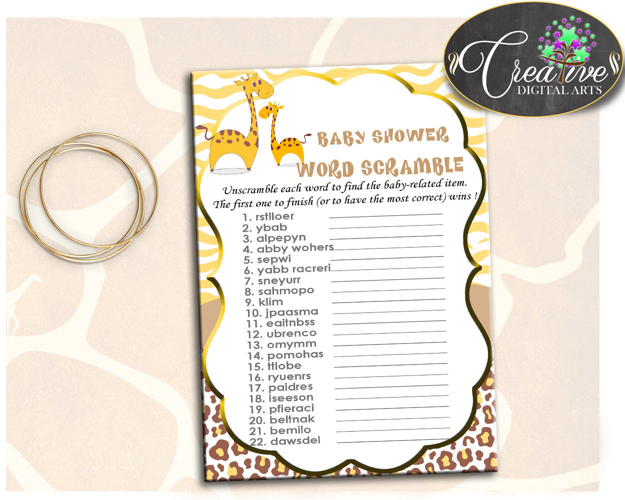 Giraffe Baby Shower Boy or Girl WORD SCRAMBLE game printable in brown yellow theme, digital files, Jpg Pdf, instant download - sa001