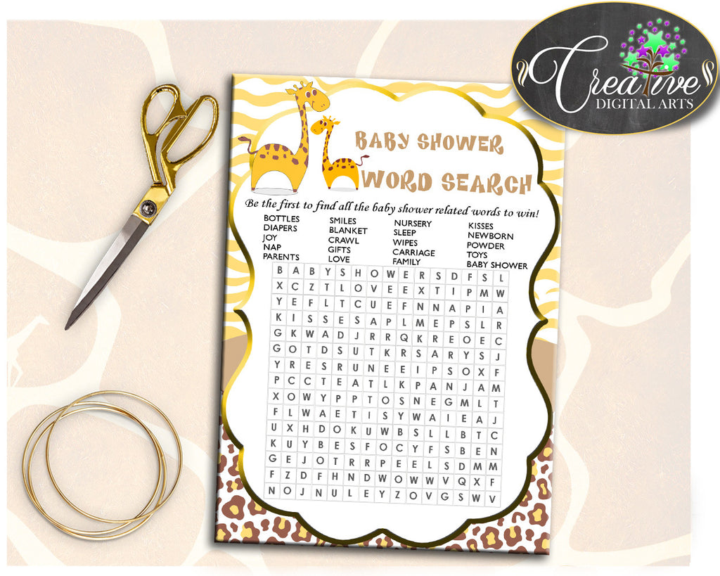 Giraffe Baby Shower WORD SEARCH game printable, baby shower girl or boy in brown yellow, digital files Jpg and Pdf, instant download - sa001