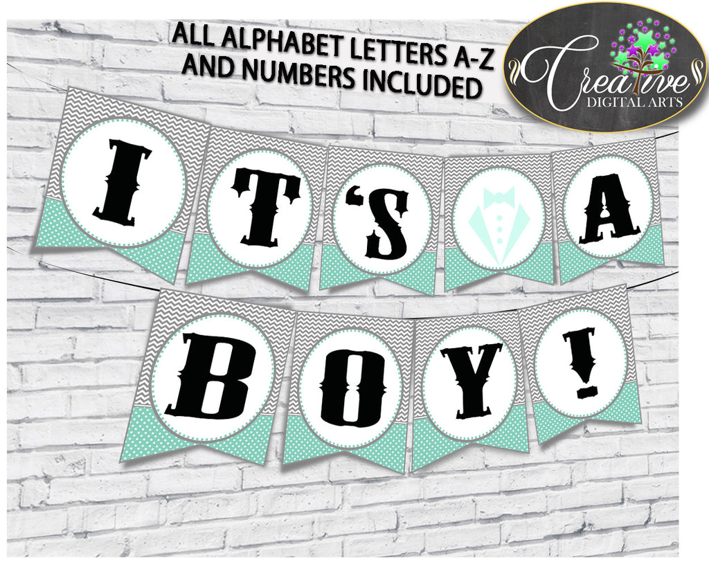 Baby shower Little Man BANNER gentleman all letters decoration printable mint green gray color theme, digital file, instant download - lm001