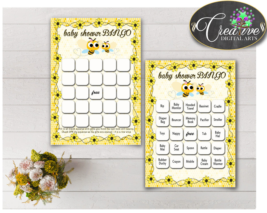 Baby Shower BINGO 60 cards game and empty gift BINGO cards with yellow bee printable, instant download - bee01
