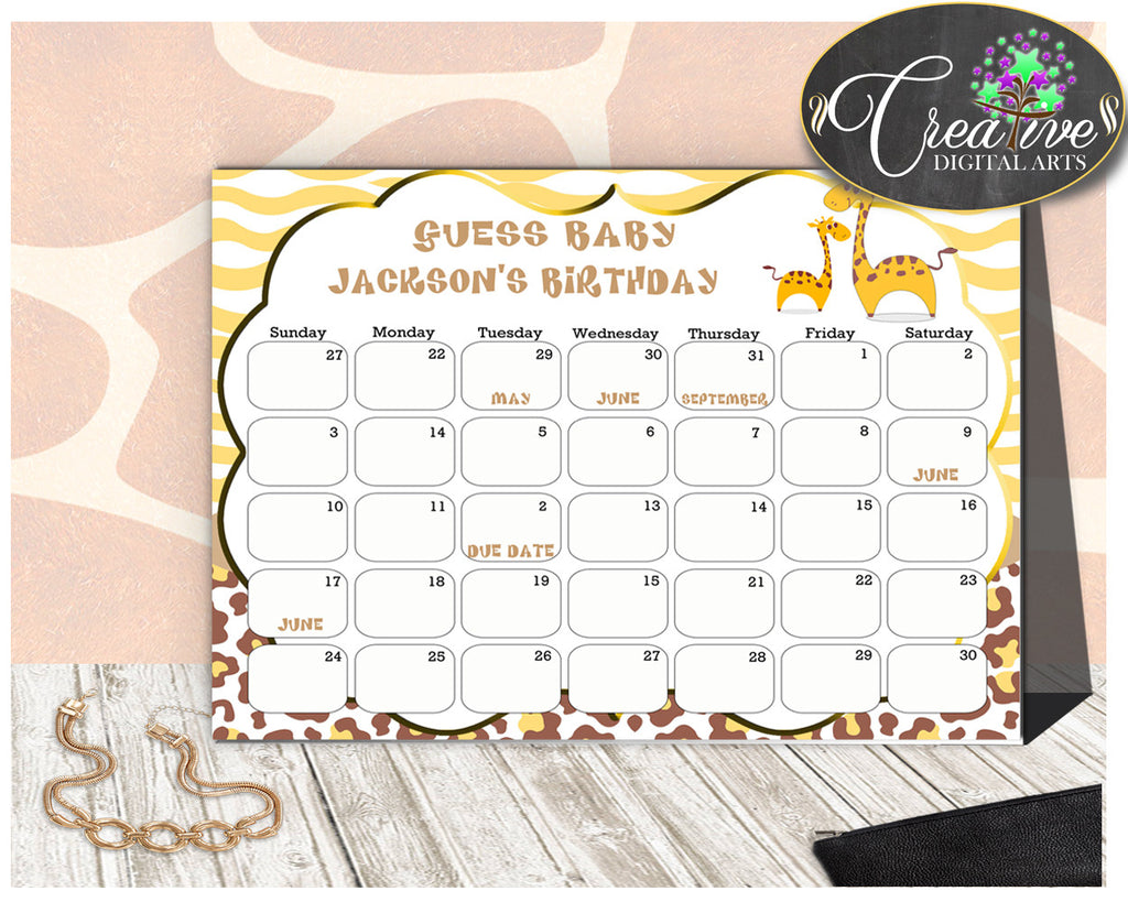 Giraffe Baby Shower GUESS BABY BIRTHDAY editable due date calendar baby shower boy or girl printable brown yellow, instant download - sa001