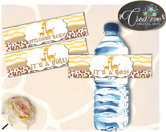 Giraffe Baby Shower WATER BOTTLE LABELS for boy or girl shower printable brown yellow theme, digital files Pdf Jpg, instant download - sa001
