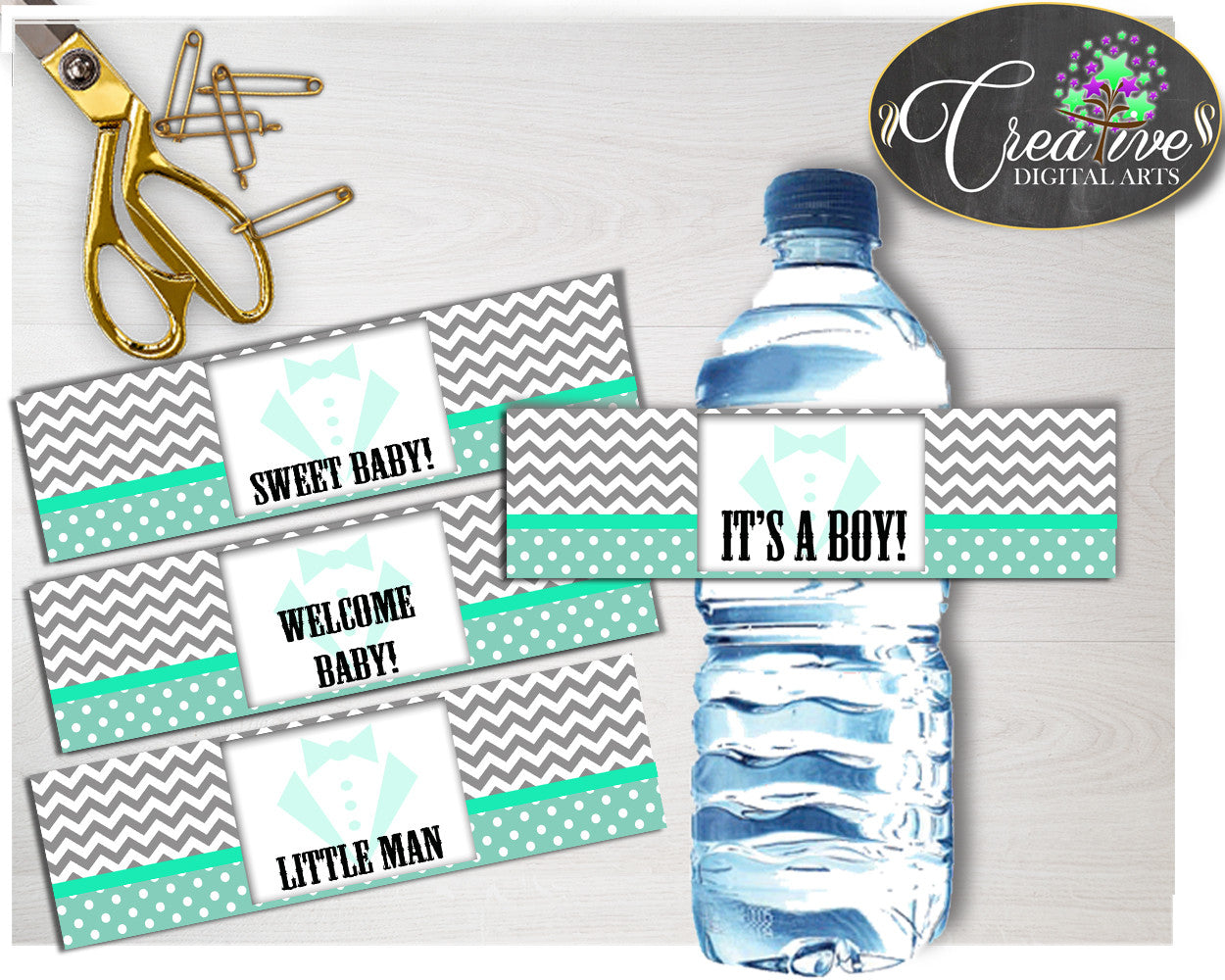 Mint Green Gray Little Man WATER BOTTLE LABELS baby shower printable boy theme, digital files Pdf Jpg, instant download - lm001