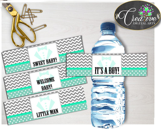 Mint Green Gray Little Man WATER BOTTLE LABELS baby shower printable boy theme, digital files Pdf Jpg, instant download - lm001