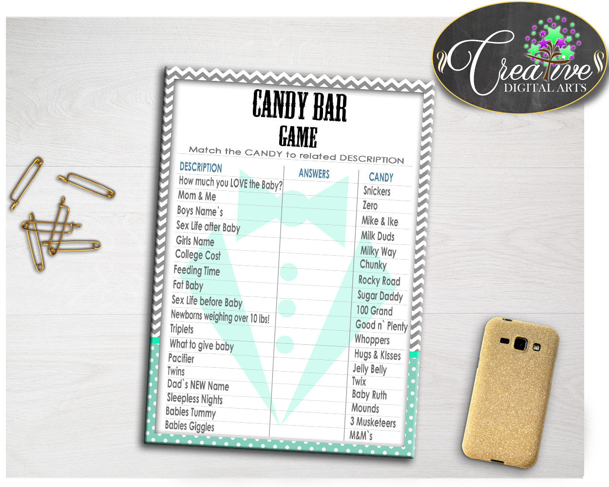 Mint Green and Gray Little Man CANDY BAR gentleman suit baby boy shower game printable, digital files, Jpg Pdf, instant download - lm001