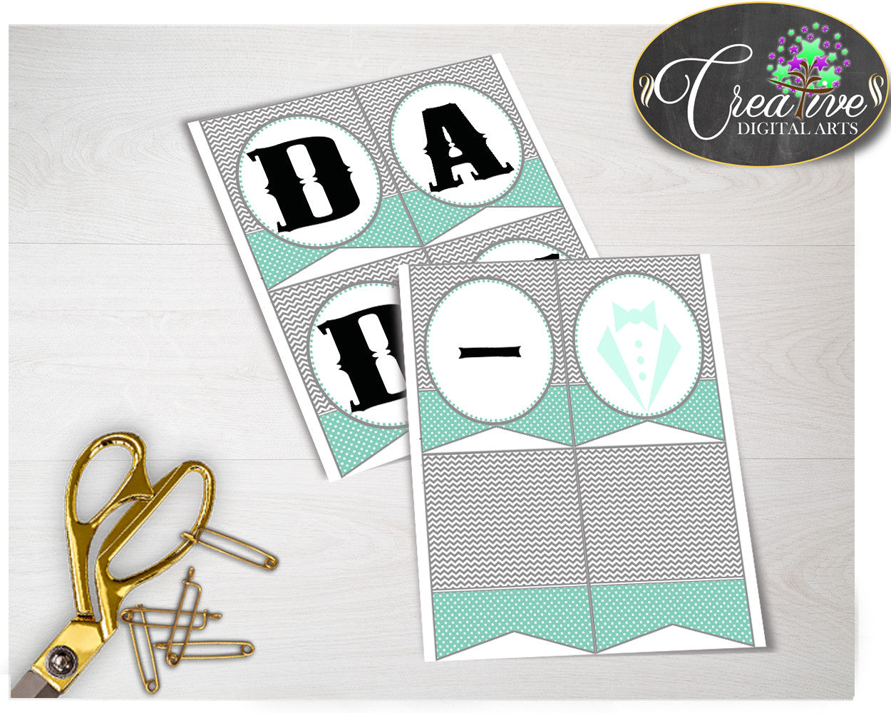 Baby shower little man CHAIR BANNER boy gentleman decoration printable in mint green gray theme, digital files, instant download - lm001