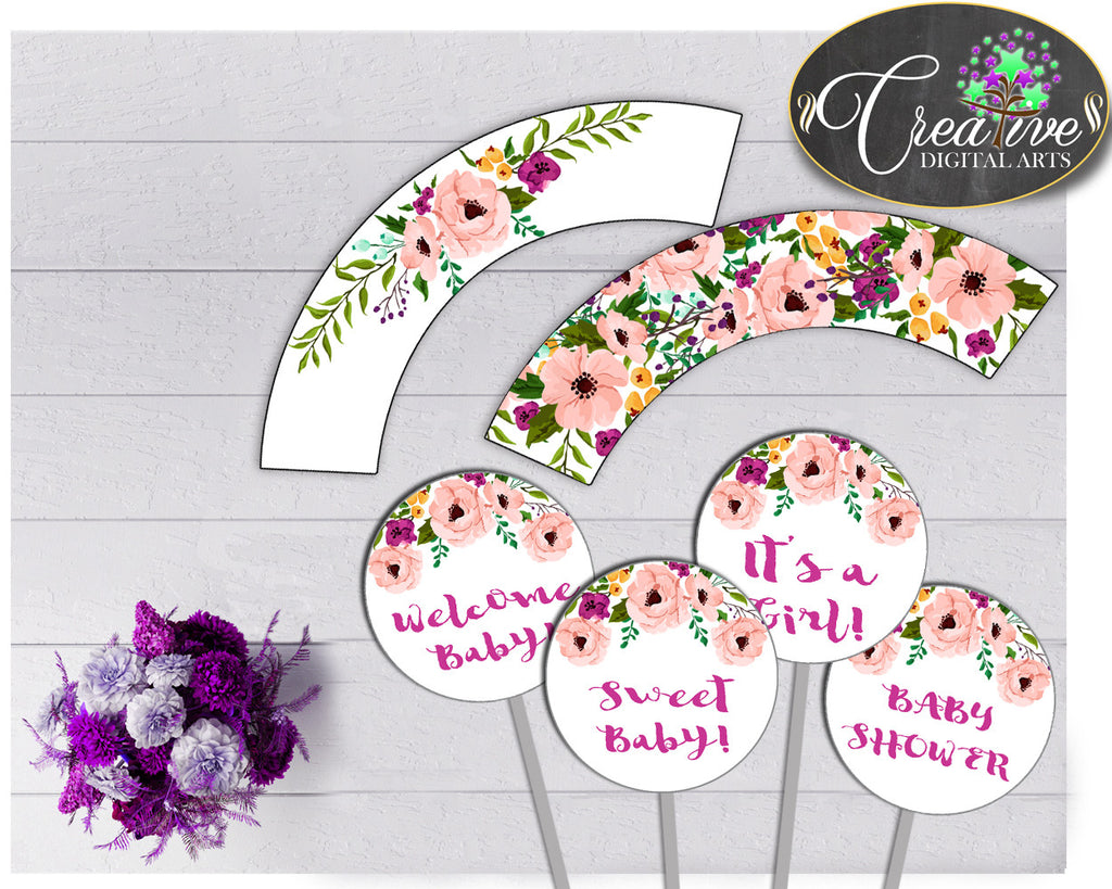 Baby shower girl Floral CUPCAKE TOPPERS and cupcake WRAPPERS printable watercolor flowers pink green purple theme, instant download - flp01