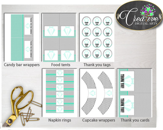 Little Man Baby Shower Boy Decoration package bundle printable mint green and gray chevron, digital files Jpg Pdf - Instant Download - lm001