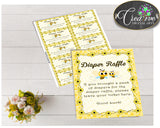 Baby shower DIAPER RAFFLE insert card printable for baby shower with yellow bees, Jpg Pdf, instant download - bee01