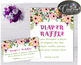 Baby shower Girl Flowers DIAPER RAFFLE insert card printable with floral pink green purple theme, Jpg Pdf, digital instant download - flp01