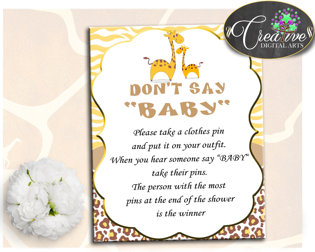 Giraffe Baby Shower Boy or Girl DON'T SAY BABY game printable brown yellow theme, digital files, jpg pdf, instant download - sa001