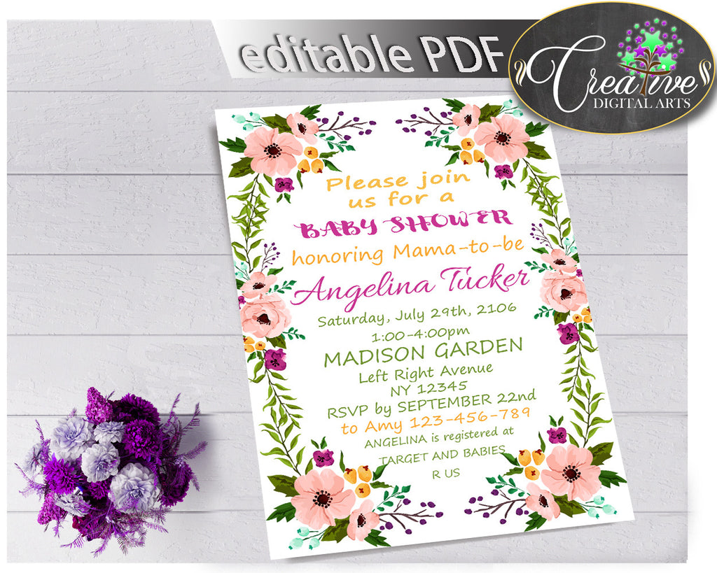 Baby Shower Girl Flowers INVITATION editable Pdf with floral pink green purple theme and digital Jpg included, instant download - flp01