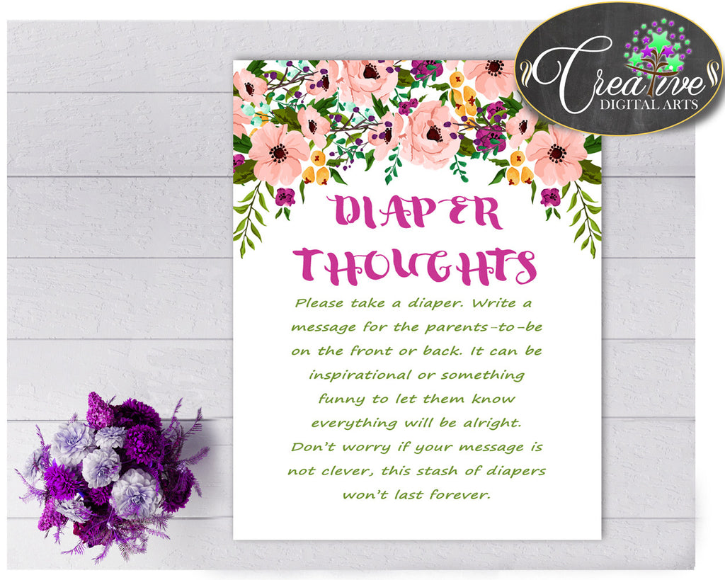 Floral Baby shower girl DIAPER THOUGHTS game watercolor flowers pink green theme printable, digital file Jpg Pdf, instant download - flp01