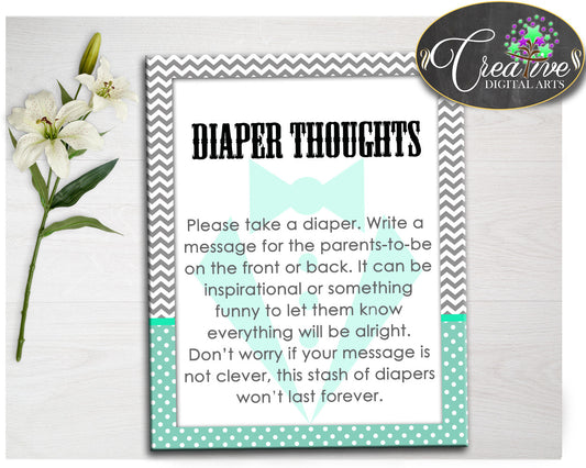 Little Man Mint Green Baby shower boy DIAPER THOUGHTS game printable suit gentleman, digital file Jpg Pdf, instant download - lm001