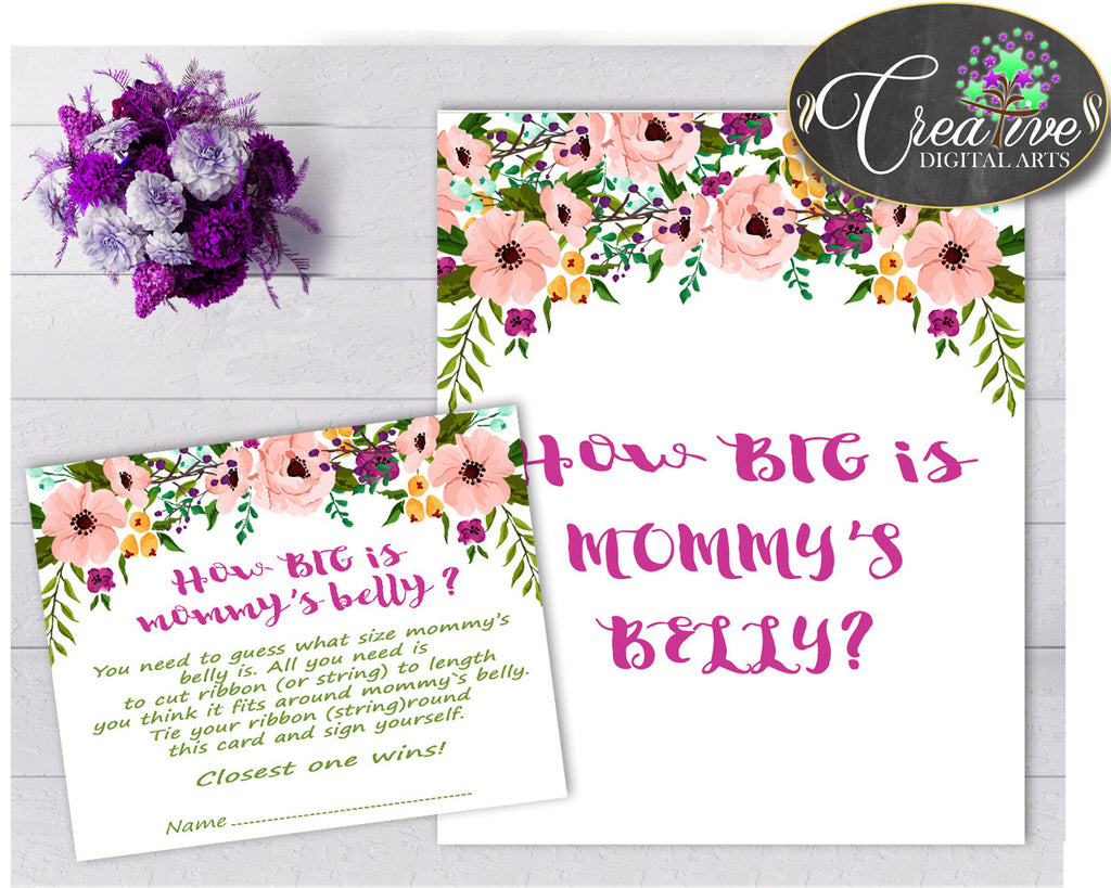 How Big Is MOMMY'S BELLY Floral baby girl shower game with watercolor flowers pink green theme printable, Jpg Pdf, instant download - flp01