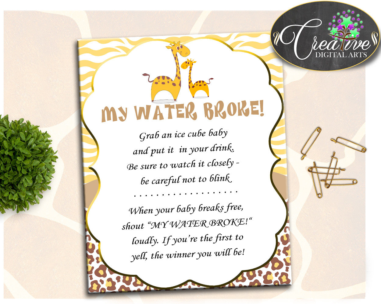 Baby Shower Giraffe MY WATER BROKE game, gender neutral baby shower theme printable, Digital Files Jpg Pdf, instant download - sa001