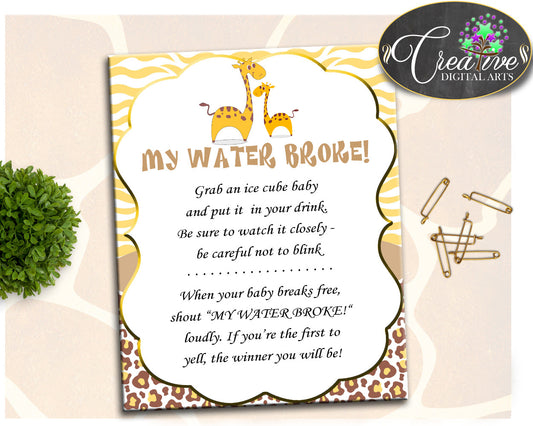 Baby Shower Giraffe MY WATER BROKE game, gender neutral baby shower theme printable, Digital Files Jpg Pdf, instant download - sa001