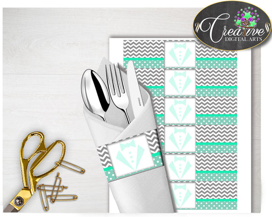 Baby shower little man NAPKIN RINGS printable gentleman mint green and chevron gray theme, digital file, Jpg Pdf, instant download - lm001