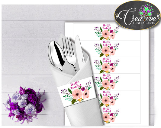 Baby shower girl Floral NAPKIN RINGS printable watercolor flowers pink green purple theme, digital file Jpg Pdf, instant download - flp01