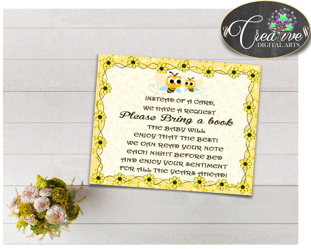 Baby shower BRING A BOOK insert cards printable for baby shower with yellow bees, instant download - bee01