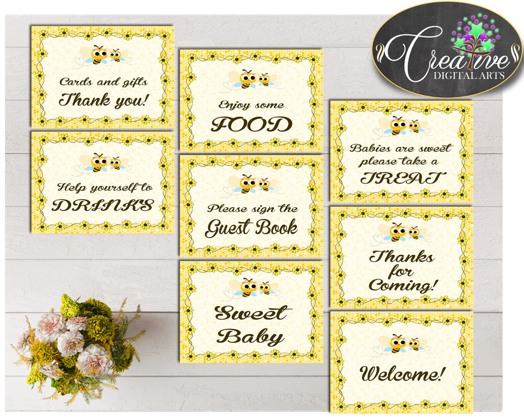 Baby shower TABLE SIGNS decoration printable with yellow bee, instant download - bee01