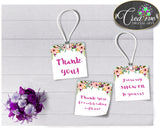 Floral Baby shower THANK YOU favor tags square printable watercolor flowers pink theme, digital Jpg Pdf, instant download - flp01