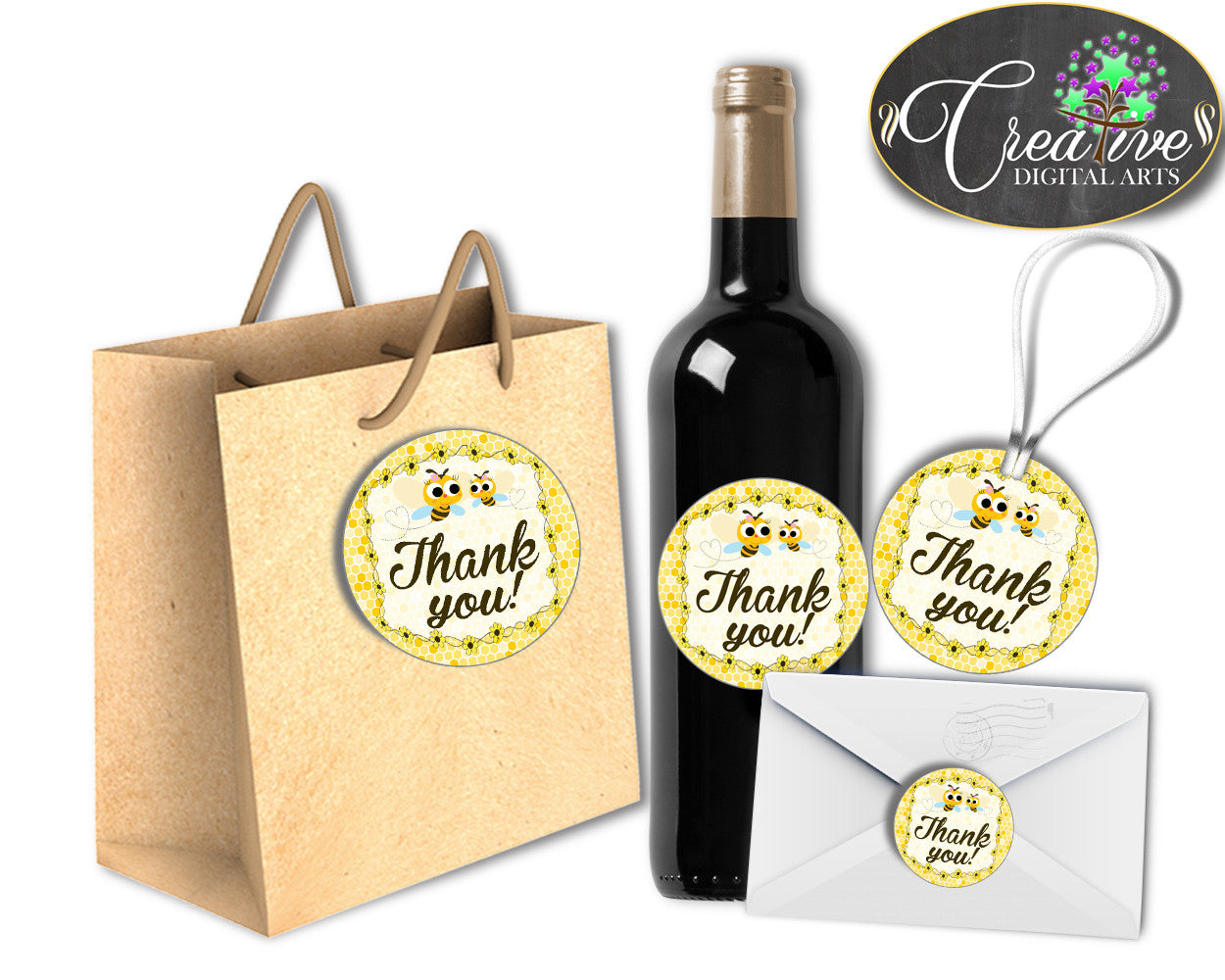 Baby shower THANK YOU round tag or sticker printable with yellow bees for boys and girls, digital, instant download - bee01