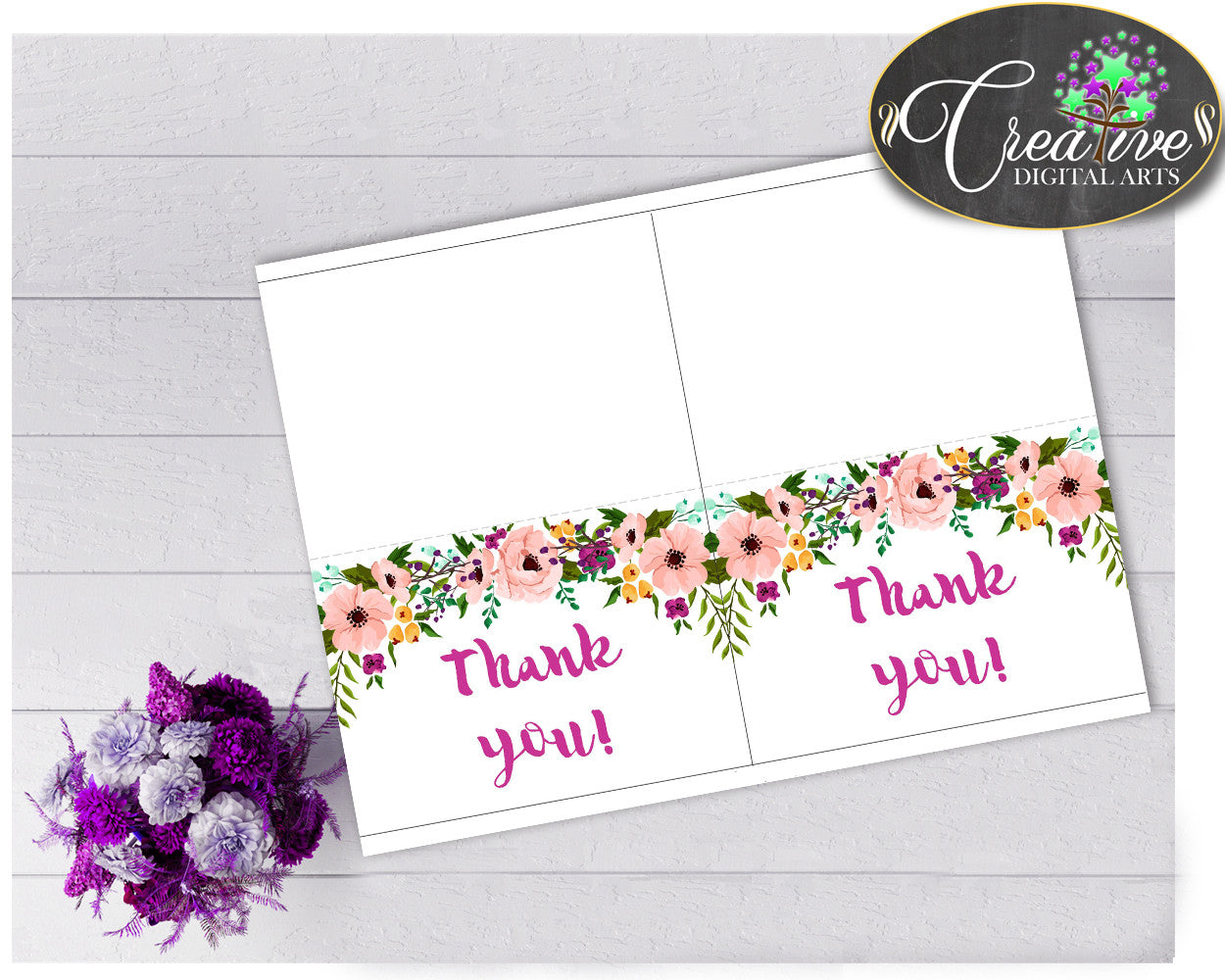 Watercolor Flowers Baby shower girl THANK YOU card party printable floral green pink theme, digital jpg pdf, instant download - flp01