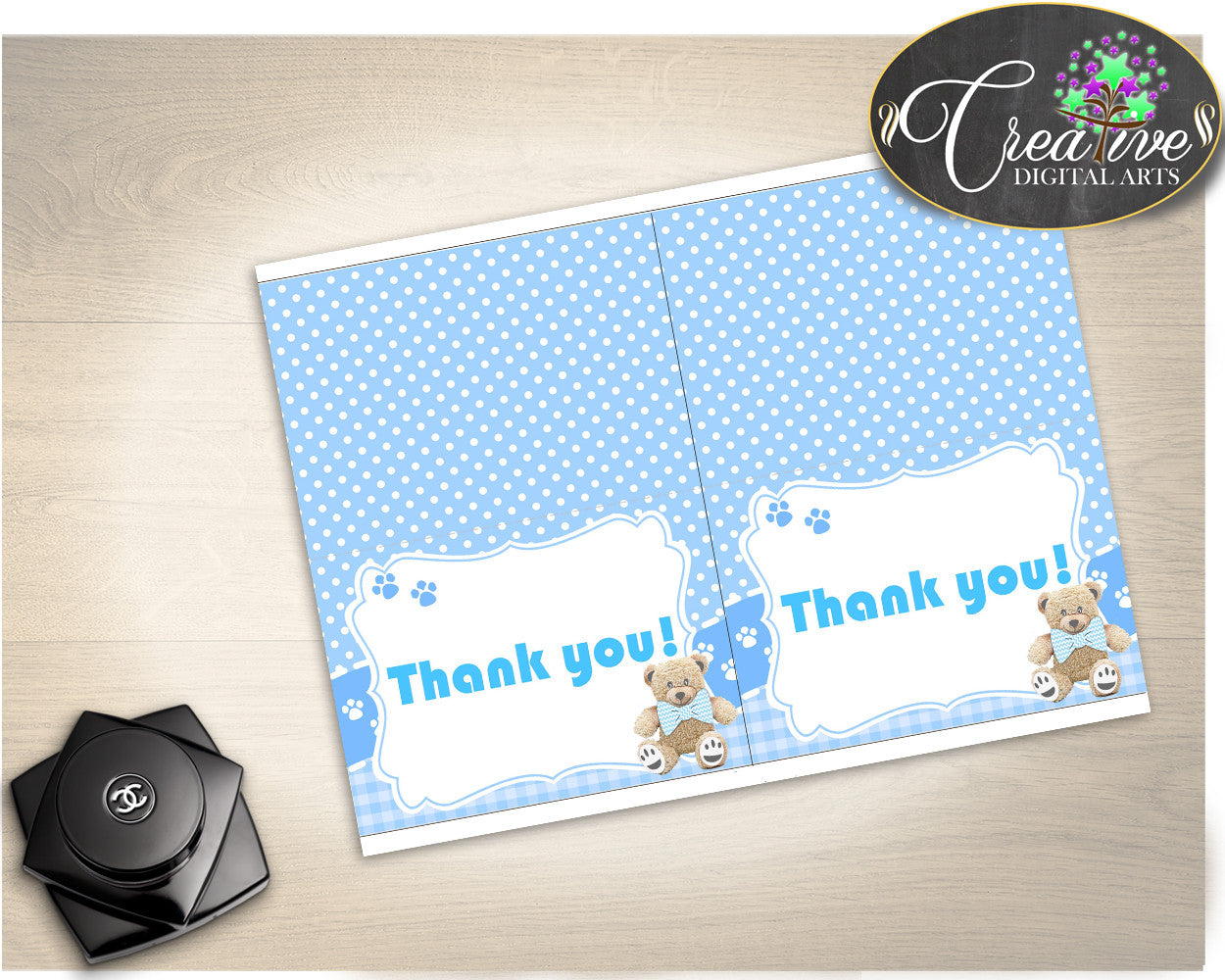 Teddy Bear Baby shower THANK YOU card blue printable, boy baby shower, party thank you, digital files jpg pdf, instant download - tb001