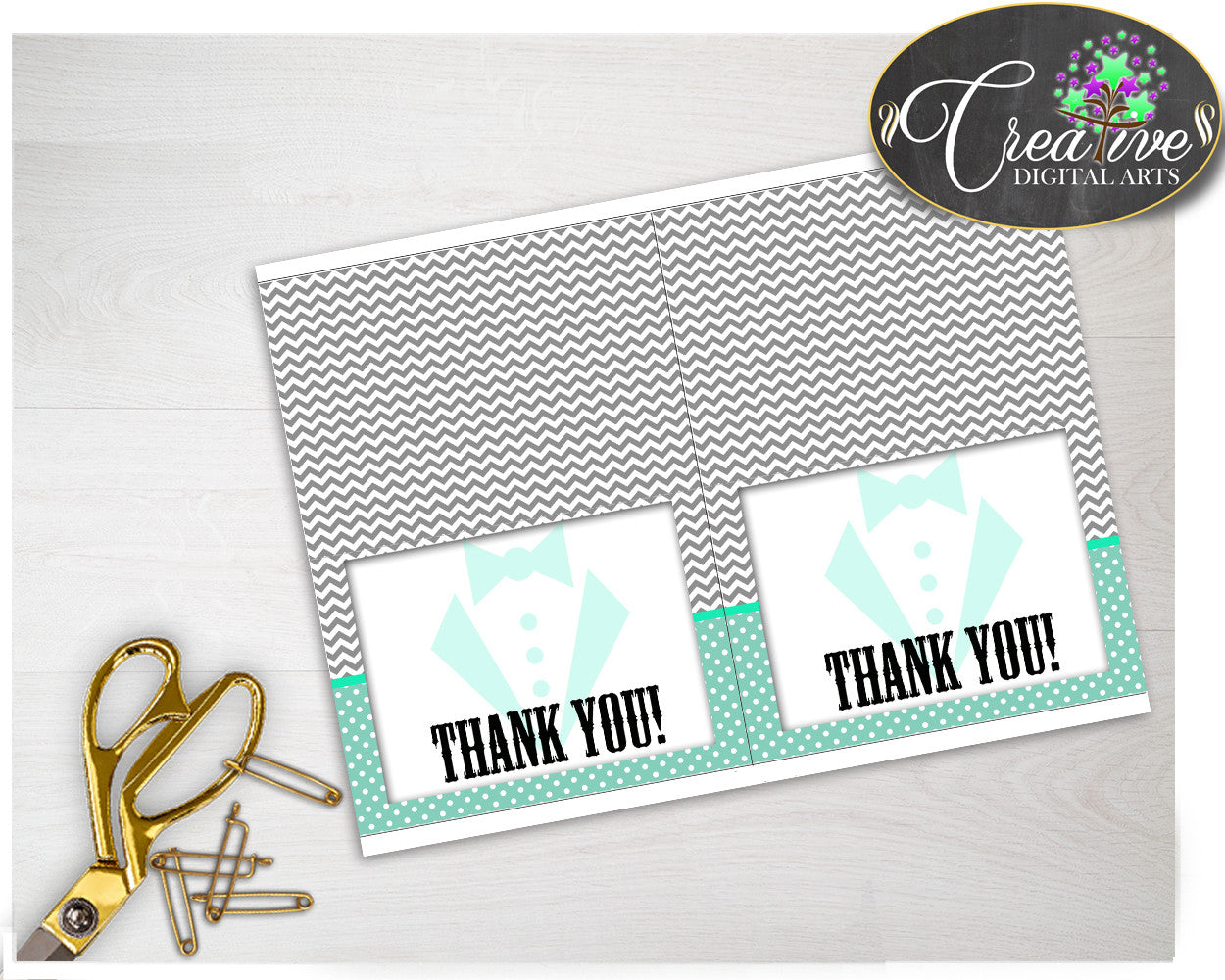 Little Man THANK YOU card boy mint green gray color baby shower gentleman theme printable, digital files jpg pdf, instant download - lm001