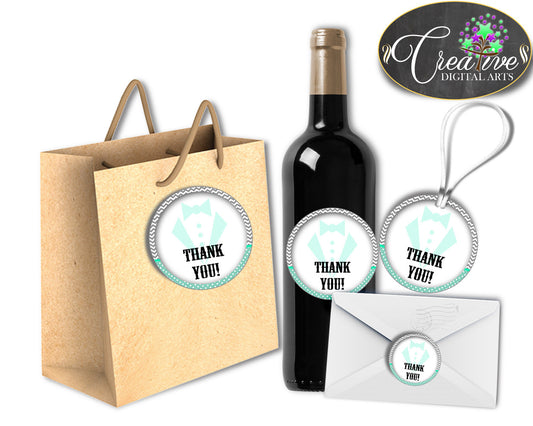 Little Man Baby shower THANK YOU gentleman round tag or sticker printable mint green gray, digital files Pdf Jpg, instant download - lm001